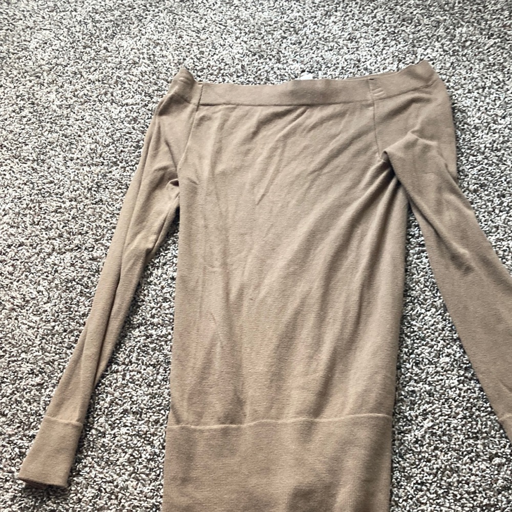 Low cut, brown, long-sleeve, dress.